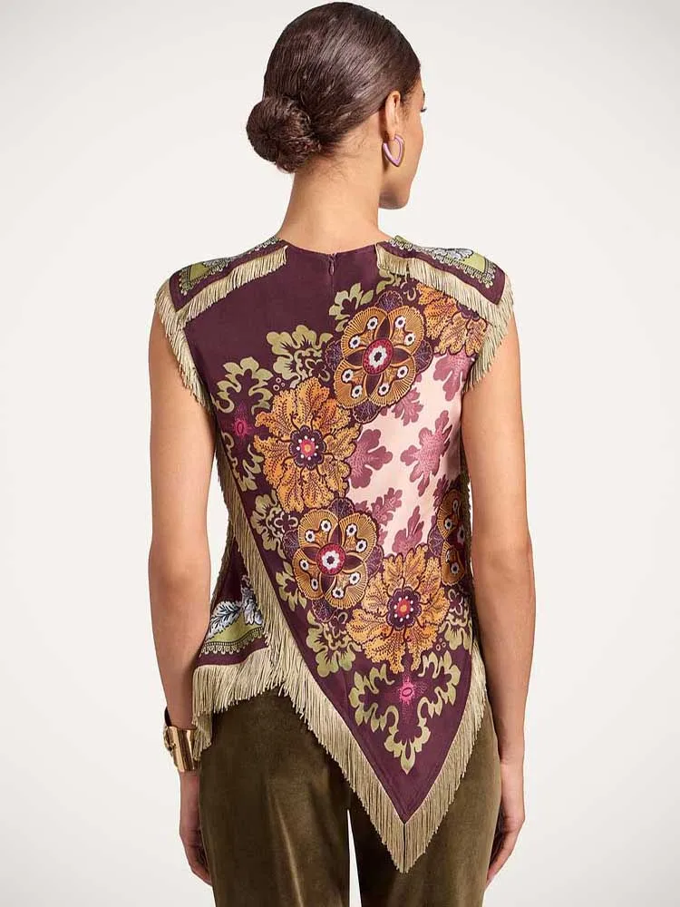 Fashion Floral Print Top With Fringe Trim For Women Vintage O-neck Sleeveless Asymmetric Hem Satin Blouse Lady 2026 Chic Tops