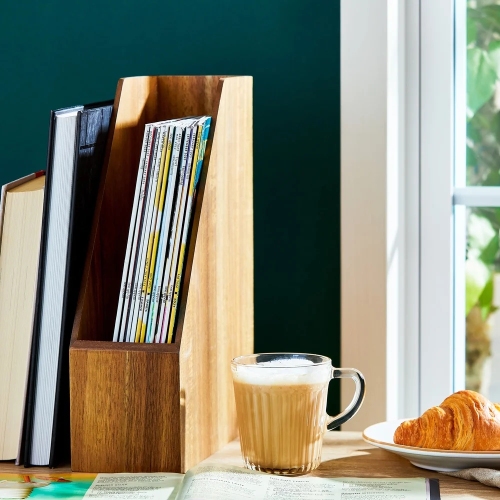 Wooden Magazine Holder Desk Organization Acacia Finish File Storage Clutter-Free Space Holds 12 Magazines Perfect Students