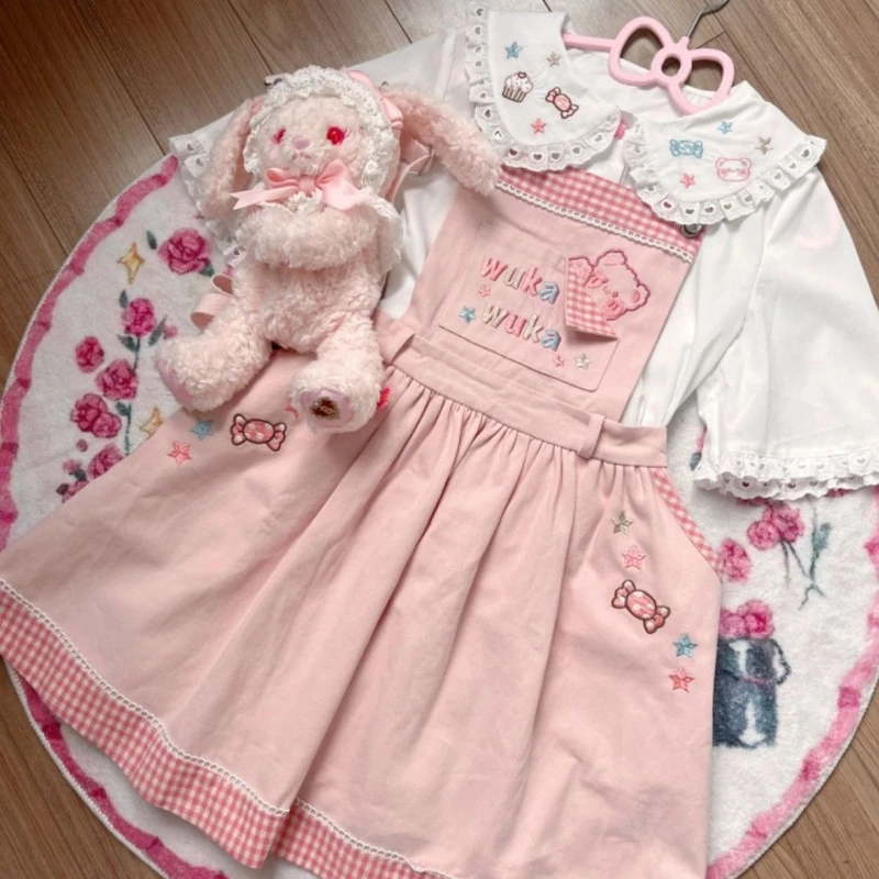 HOUZHOU White Cartoon Embroidery Shirts Women Kawaii Lolita Lace Short Sleeve Babydoll Top Cutecore Jk Japanese Loose Blouses