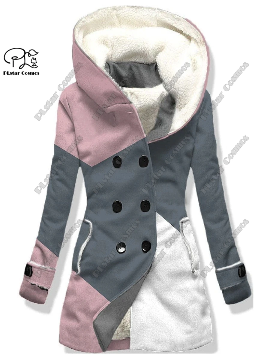 Jaqueta de lã com capuz feminina, impressão 3D, padrão retro, quente, série casual, inverno, novo estilo, F-1