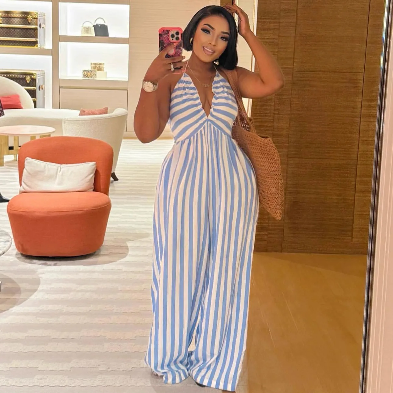 

Jumpsuits Women One Piece Sleeveless Striped Overalls Halter Long Pants High Waist Sexy Rompers Y2k Streetwear Jumpsuit Work