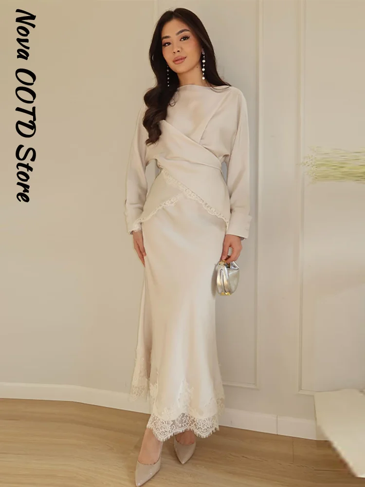 Elegant Satin Lace Patchwork Long Skirt Set Women Lace Up Waist Cinching Shirt A-line Fishtail Skirts 2026 Spring Party Suit New