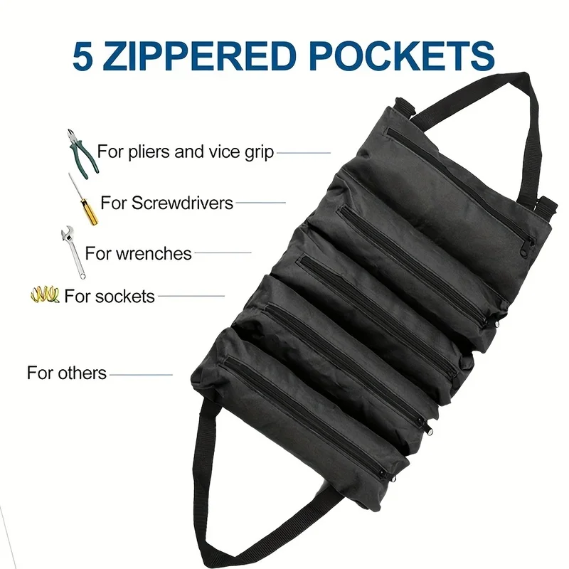 

Свернутая сумка для инструментов из ткани Оксфорд, сумка с 5 карманами на молнии для ремонта автомобилей, снаряжение для кемпинга, инструменты для механиков и электриков