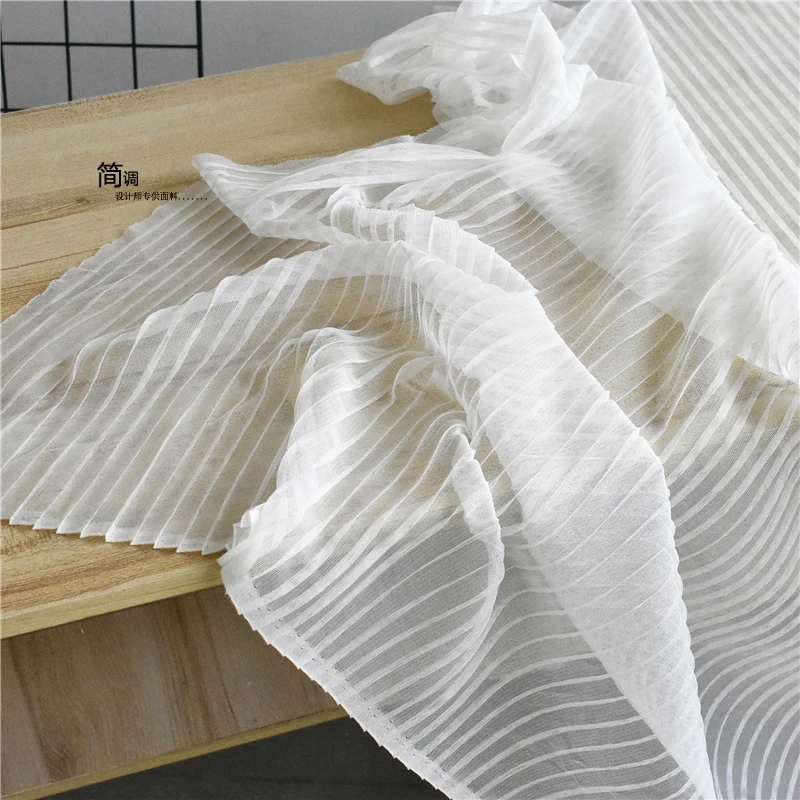 White Pleated Organza Sheer Fabric Pressed Pleated Three-dimensional Soft Mesh Pleated Heavy Texture Designer Clothing Fabrics