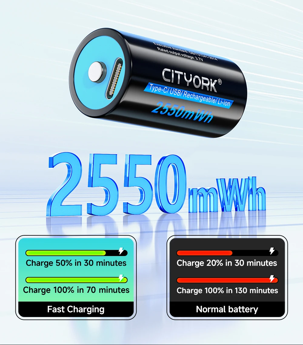 CITYORK CR123A Akku 2550 mWh 3,7 V wiederaufladbare Li-Ion 16340 Akkus 16350 RCR123 Akku für LED-Taschenlampe + USB-Typ-C-Kabel – Detail 4