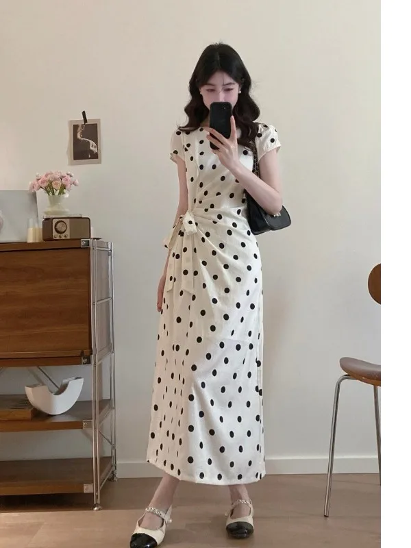 

plus Size Retro round Neck Polka Dot Short Sleeve Dress Women's Summer New Waist Cinching Belted Slimming A-Line Long Dress