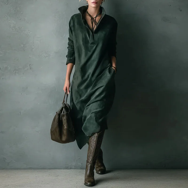 خمر الصلبة الجلد المدبوغ الملابس النسائية الخريف موضة بدوره إلى أسفل طوق زر البلوز فستان الشتاء طويلة الأكمام فساتين الحفلات امرأة