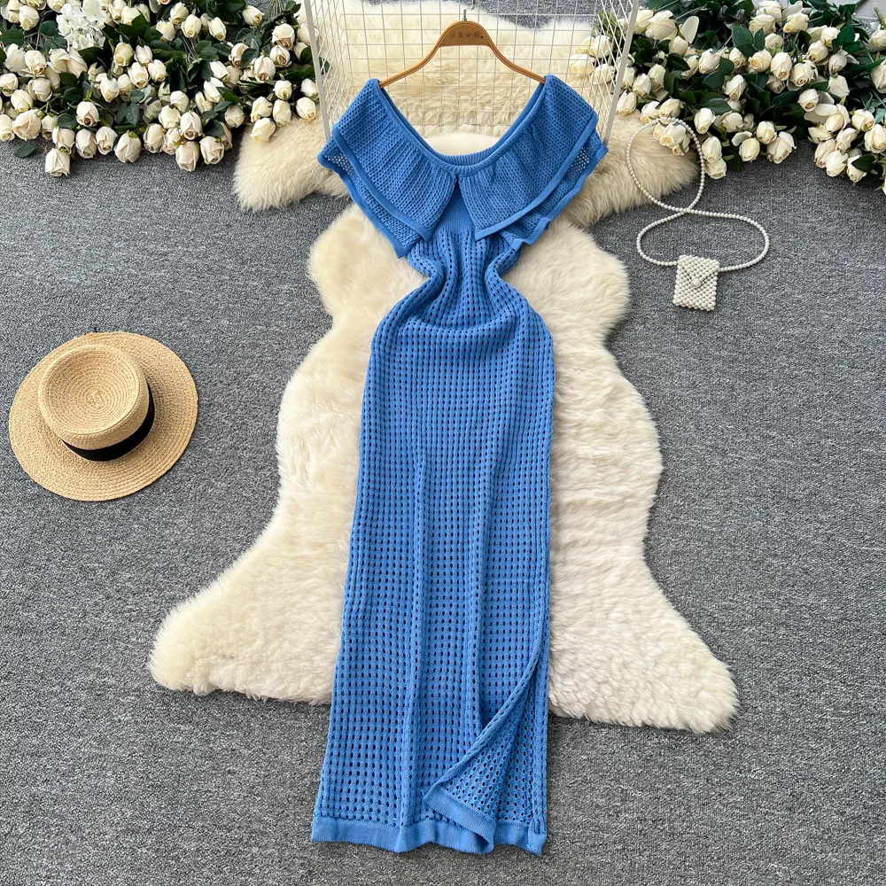 Frauen Ausschnitt Strickkleider Knöchellanges Schlitzkleid Peter Pan Kragen Ärmellose Taille Y2k Streetwear Party Elegant 2025, Herbst