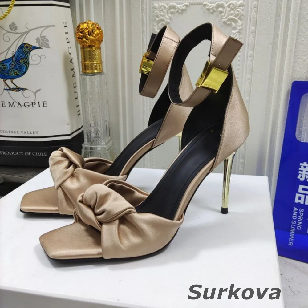 2023 Square Toe Simple Sandals Flower Rose Red Metal Fine Heel Buckle High Heels Fashion Back Strap Women's Shoes Pu Shallow