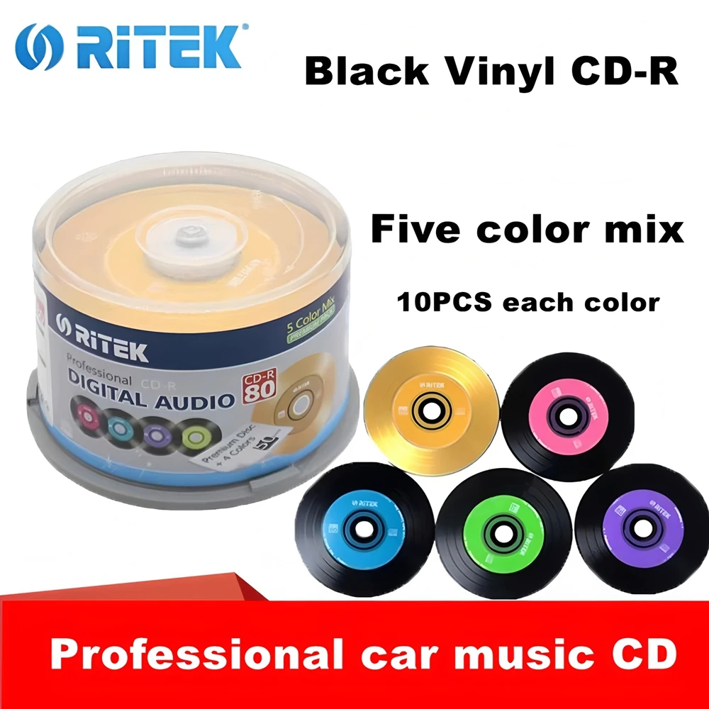 50PCS Ritek 5-Color Mix Vinyl Black CD-R Blank Recordable CDs 700MB 80min 52x Speed for Car Music Professional Quality