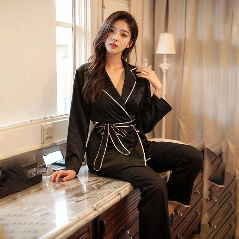 

19MM 100% Real Silk Belted Top and Trousers 2pcs Pajama Suit Kimono Robes Pajamas Set Sleepwear Casual Robe Pijama Nightwear PJ