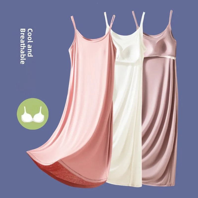 Vestido de dormir de verano para mujer con almohadillas en el pecho, falda fina de modal para el hogar, vestido lencero de lo...