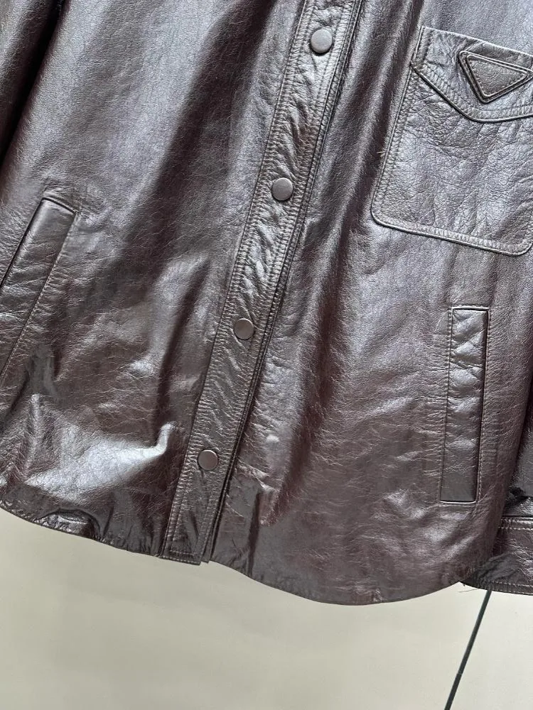 Giacca da donna in vera pelle monopetto con collo in pelliccia tinta unita da ufficio, tasca in pelle di vacchetta allentata, maniche lunghe, capispalla fatti a mano