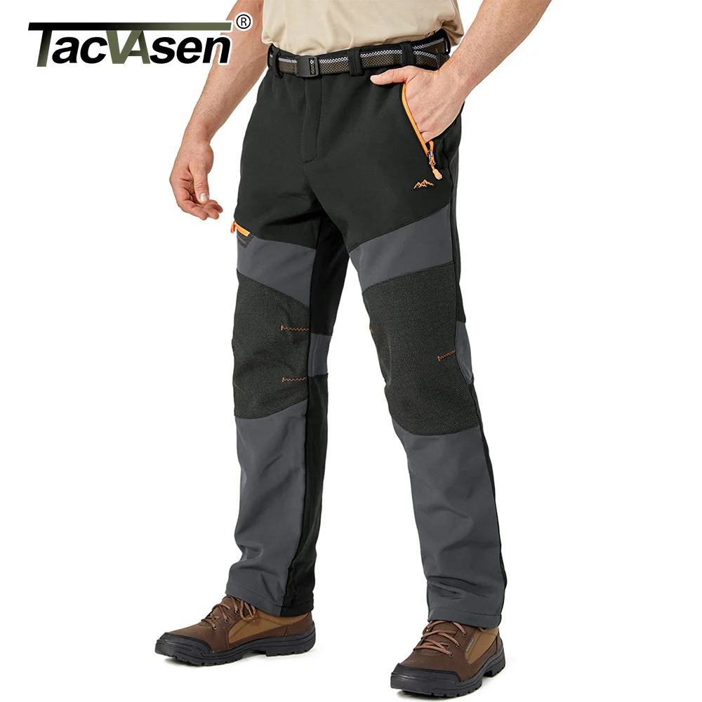 TACVASEN Winter Fleece Pants Mens Waterproof Camping Fishing Hiking Pants Zipper Pocket Reinforce Knee Casual Trousers Male