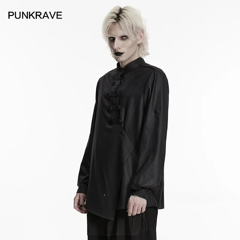 PUNK RAVE Men's Dark Punk Calendered Woven Asymmetric Placket Shirt Rebellious Feeling Rivets Decorative Personalized Top