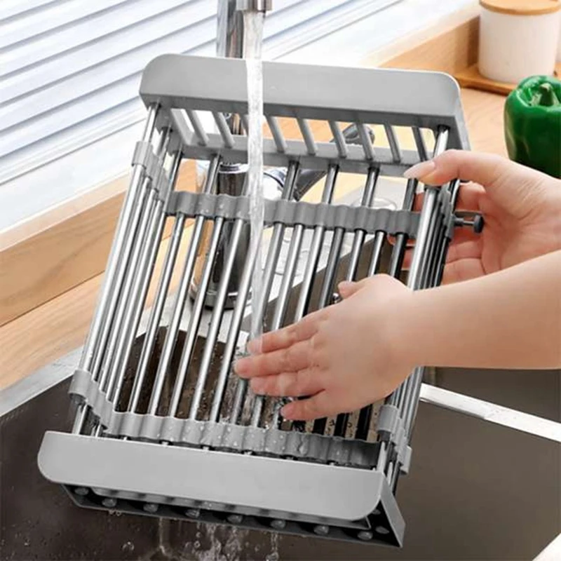 Stainless Steel Adjustable Telescopic Kitchen Insert Storage Organizer Over Sink Dish Drying Rack Vegetable Tray Drain