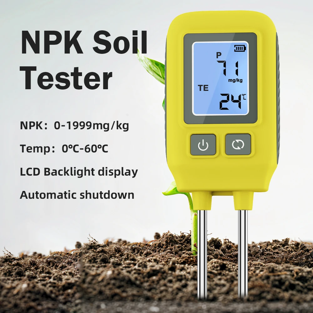 Probador de suelo 4 en 1, Detector de nutrientes de fertilizante de suelo con retroiluminación LCD, medidor de temperatura NPK de suelo de 0-1999 mg/kg para granja de jardín