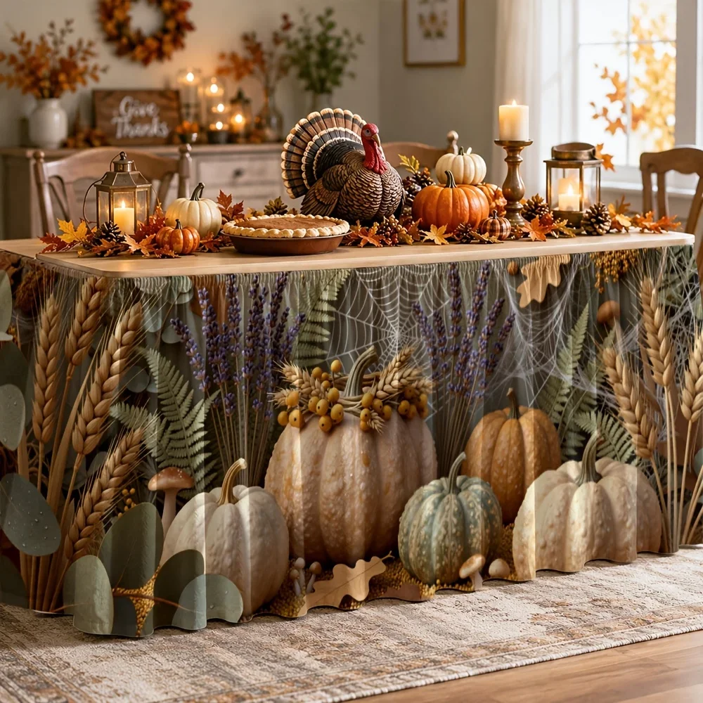 One table skirt. Autumn harvest table skirt. Polyester rural style. Comfortable and warm earthy color.