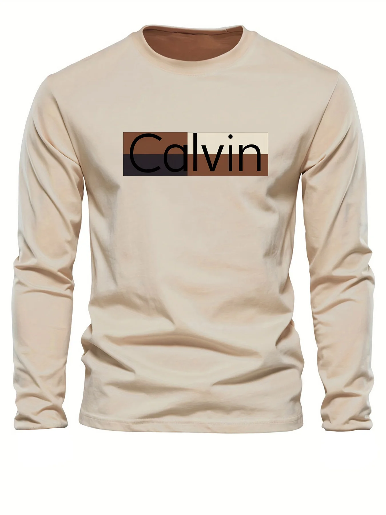 Męska koszulka z długim rękawem, okrągły dekolt, luźny krój, klasyczny wzór z nadrukiem liter, 100% bawełna, jesienno-zimowa, uniwersalna, codzienna.