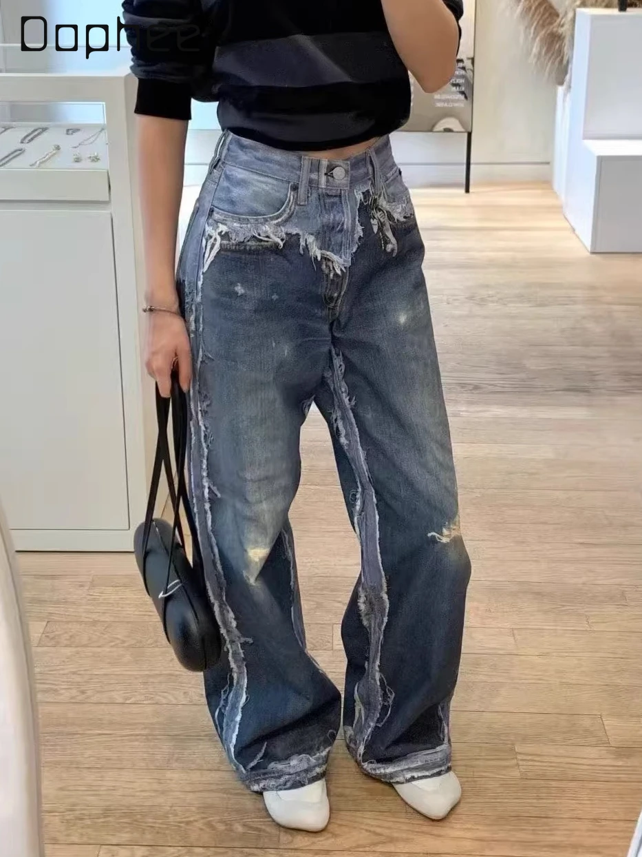 

2026 Spring American Street Unique Retro Print Straight-Leg Jeans Harajuku Style High-Waisted Slim Trendy Wide-Leg Cargo Pants