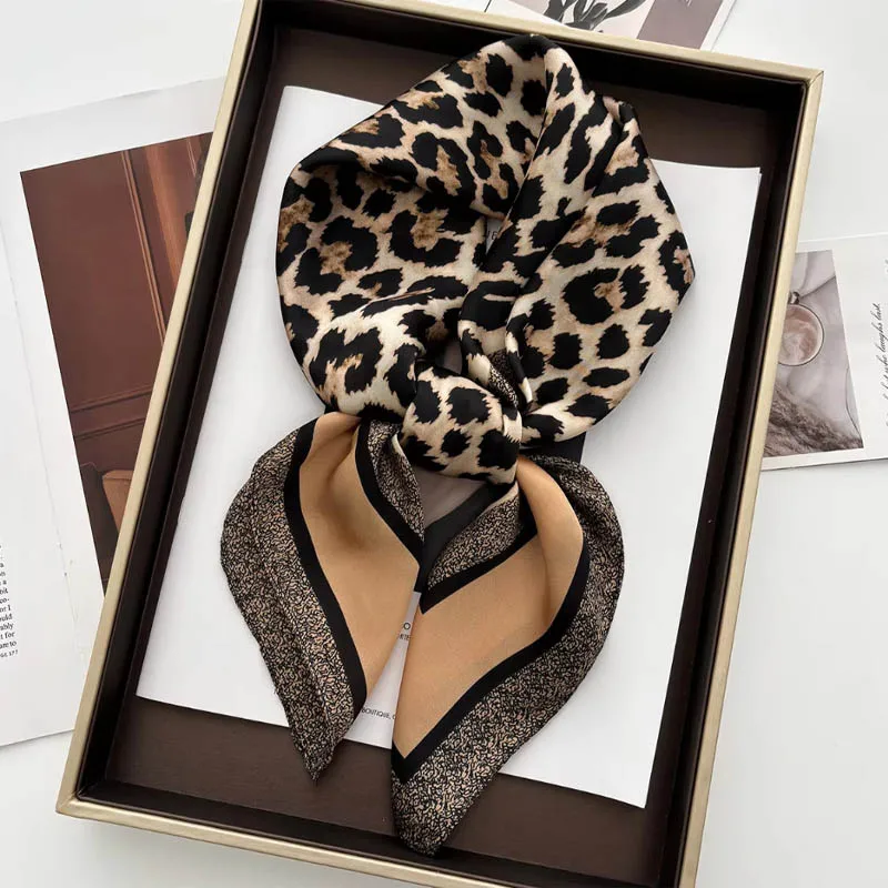 Luxury Leopard Print Female Satin Neck Scarf Square Hair Scarves Foulard Head Band Shawls Wraps Neckerchief Bandana Women 70cm