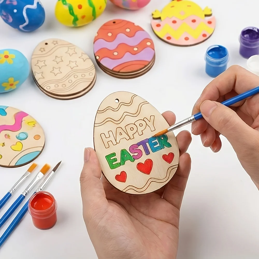 40Pcs Easter Wooden Egg Ornaments, Assorted Blank Wood Slices with Ropes, DIY Crafts Pendant for Spring Home Holiday Party Decor