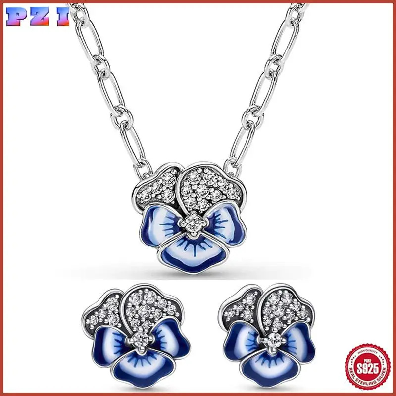 

Authentic 925 Sterling Silver Blue Enamel Pansy Flower Earring Necklace With Crystal For Women Jewelry Set Gift