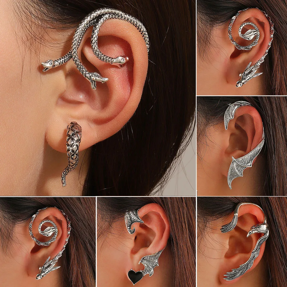 Gothic Three Headed Snake Earrings For Women Meta Jewelry 2024 Trending Vintage Elf Wing Ear Cuffs Earrings For Whole Ear JN9