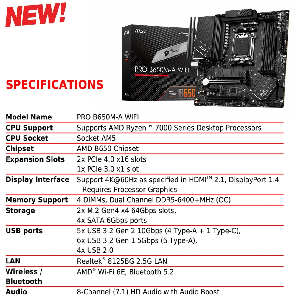 New MSI PRO B650M-A WIFI DDR5 PCI-E 4.0 Micro ATX Motherboard+AMD RYZEN 7 7700X Processor+Kingston RAM DDR5 6000MHz 32GB RGB Kit