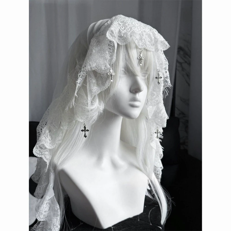 Black Lace Tulle Headscarf Veil, Gothic Headpiece Halloween Cos Photography Hair Accessory