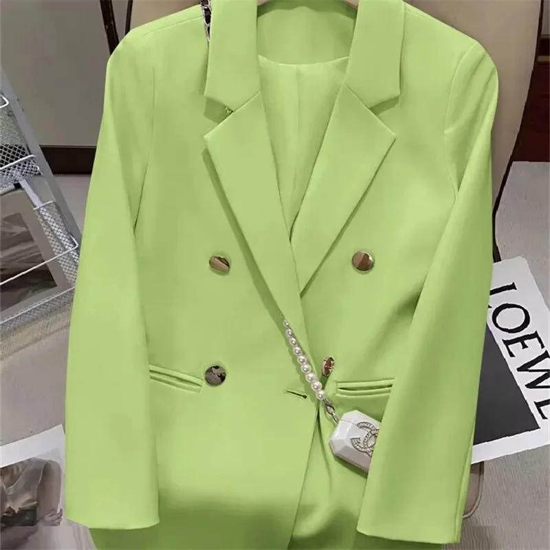 เสื้อสูทผู้หญิง สไตล์เกาหลี แฟชั่นฤดูใบไม้ผลิ-ฤดูใบไม้ร่วง ปี 2026 เสื้อคลุมหรูหรา แจ็คเก็ตกระดุมสองแถว สีพื้น เสื้อผ้าผู้หญิง