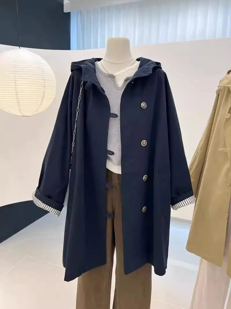 Autumn hooded trench coat large size loose tooling retro high-end medium and long coat tide