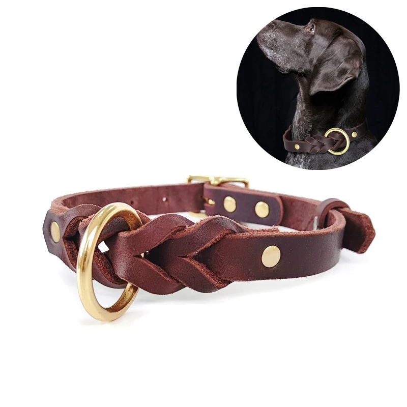 Luxuriöses Haustierhalsband aus echtem Leder für mittelgroße und große Hunde, langlebige, verstellbare Hundekette aus Rindsleder