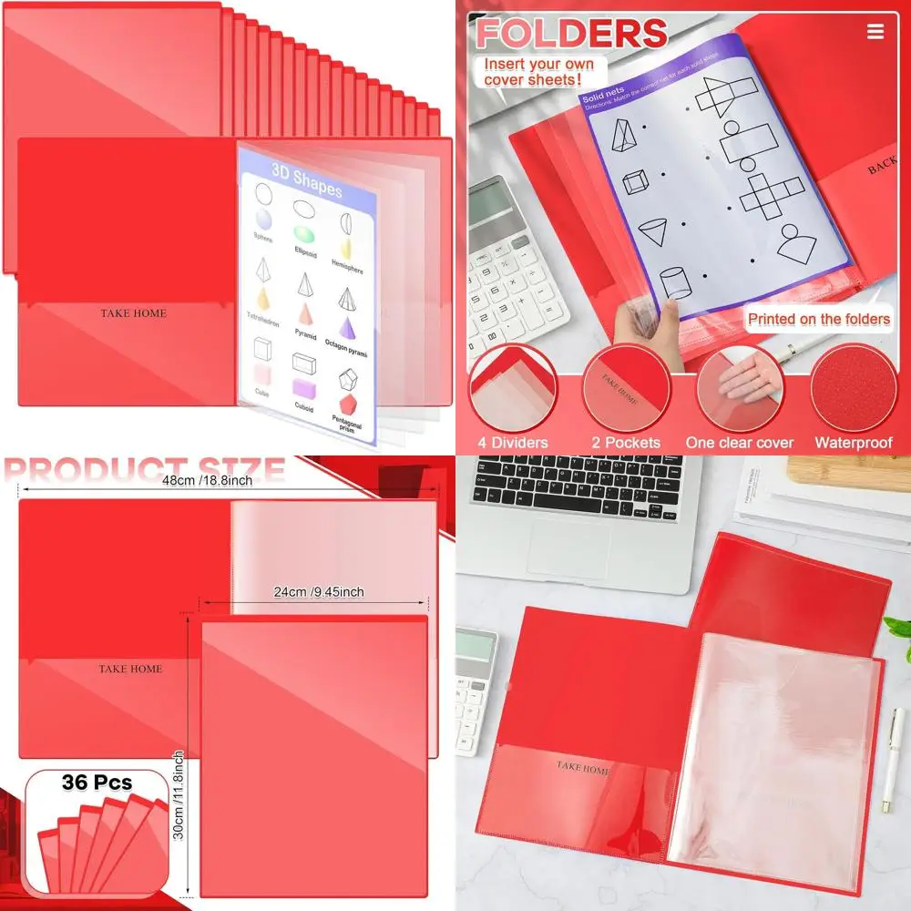 

Red Heavy Duty Plastic Homework Folders with 4 Clear Pockets, 36 Pack, 11x9 Inch, Ideal for School, Home, and Classroom Use