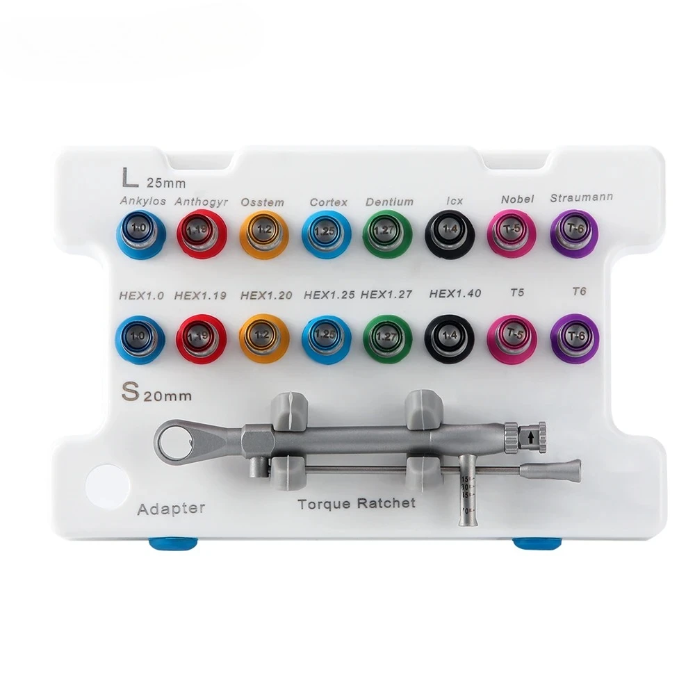 HH Labs Llave dinamométrica para implantes, 16 Uds., juego de destornilladores hexagonales, trinquete, 15-70Ncm, herramientas de odontología esterilizadas largas y cortas
