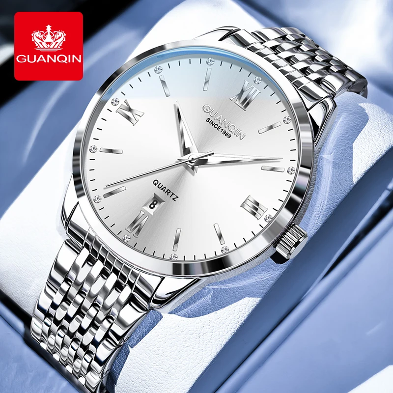 GUANQIN Premium Men's Watches Business Elegant Stainless Steel Strap Wristwatch Mens Fashion Original Dress Quartz Hand Clock