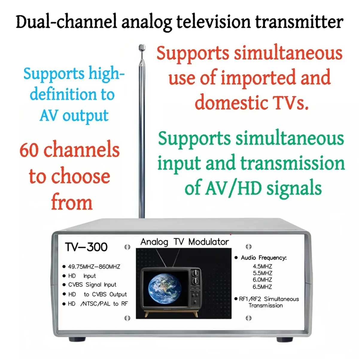AU47-TV300 Analog Video Converter: 2-Channel Analog TV Audio/Video Wireless Transmitter EU Plug