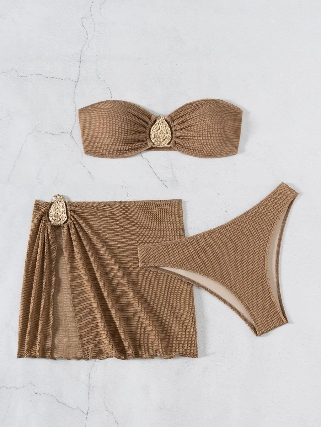 2026 Women Skirted 3 Piece Bikini Set Push Up Tummy Control Two Piece Swimwear Hot Spring Beach Vacation Solid Skirt Bathing Set