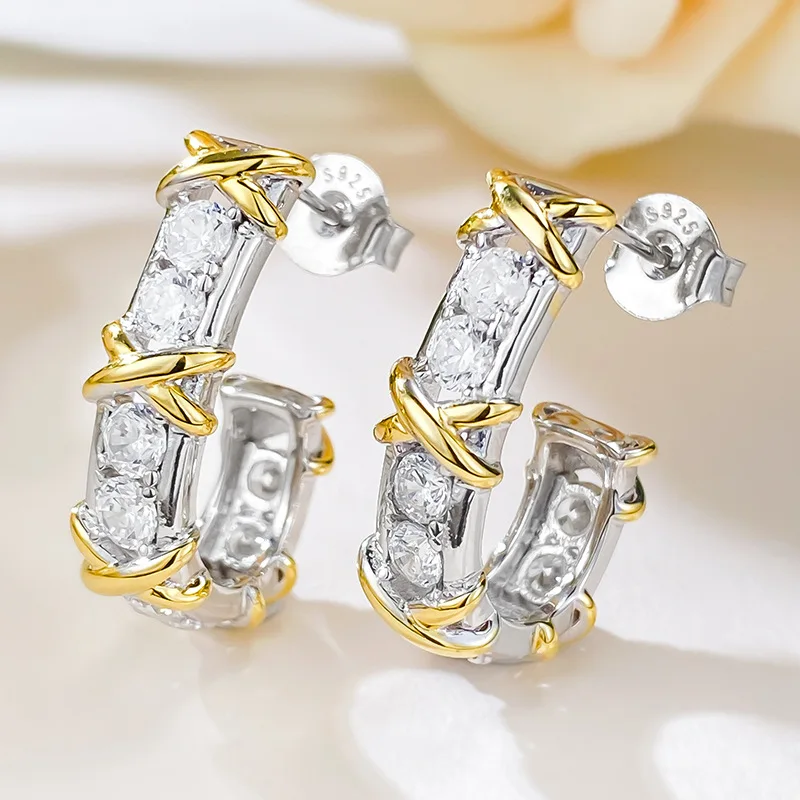 European and American New S925 Silver Dual Color Pure Silver Gilded Full Diamond Earrings, High-end Luxury Ear Hooks