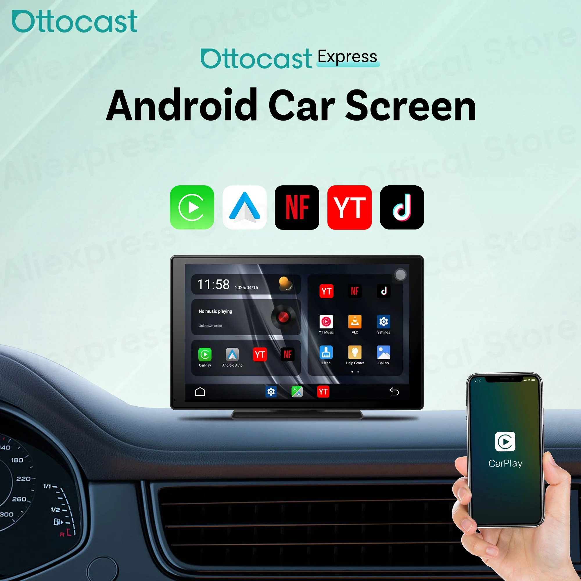 Ottocast Express 9 "Android Car Touch Screen Wireless CarPlay Android Auto لـ Netflix Youtuber Tik Tok ملحقات السيارة العامة