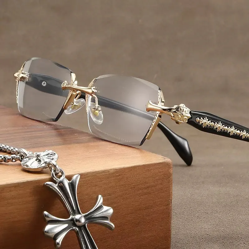 Rimless Reading Glasses for Men Women, Vintage Carved Craft Cut Lens Eyeglasses,  High Definition Anti Blue Light Clear Lens