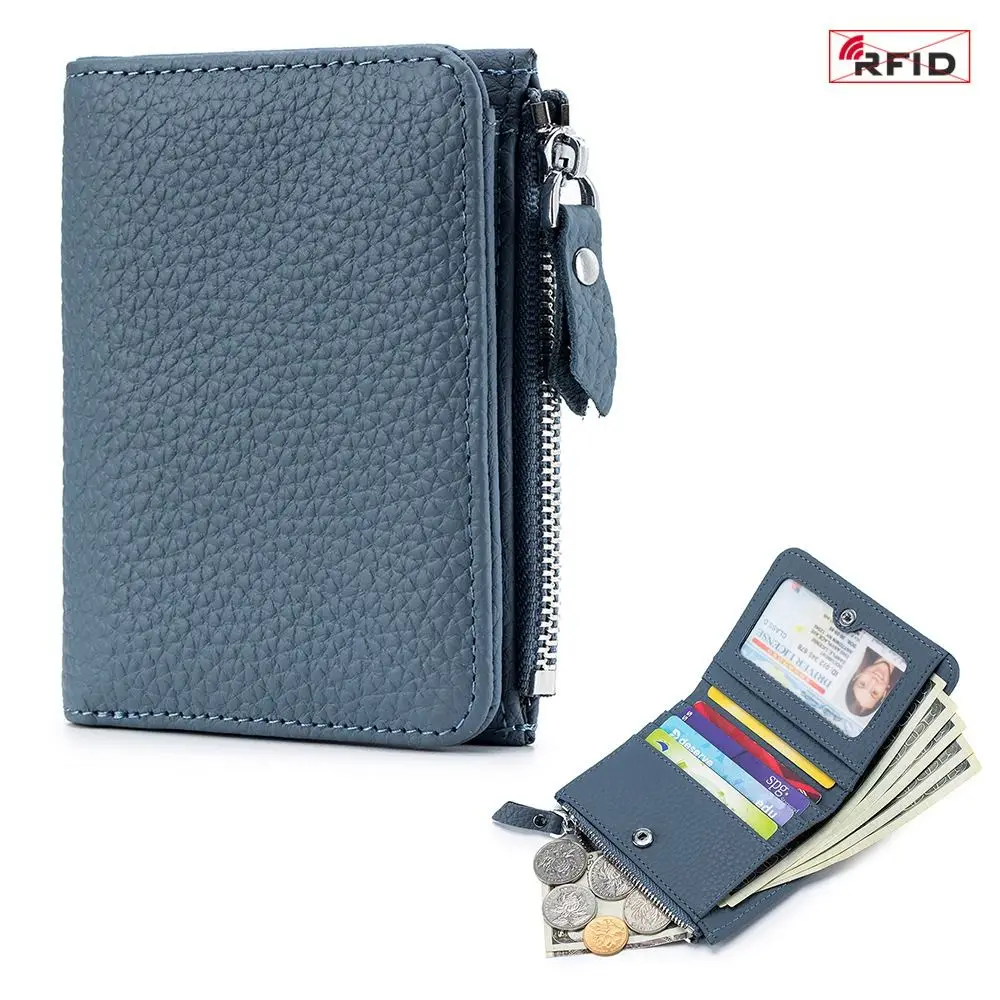 

Fashion Genuine Leather RFID Short Wallets Small Zipper Card Holder Bag Earphone Pouch Portable Money Coin Purse Men Women