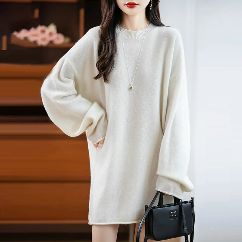 

Yoyoselect, женский свободный длинный пуловер из 100% мериносовой шерсти, однотонный кашемировый свитер с круглым вырезом, осенне-зимние кашемировые модные топы