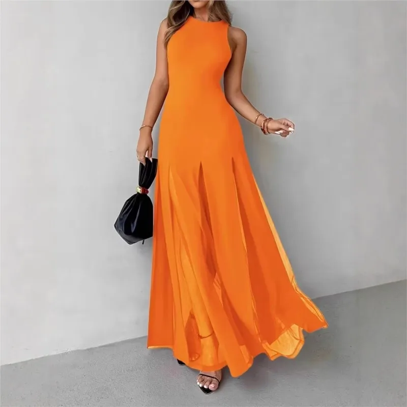 

Women's Elegant New Solid Color Beach Dresses Summer Fashion O-neck Sleeveless Dress Ladies See-through Slit Hem Long Dress