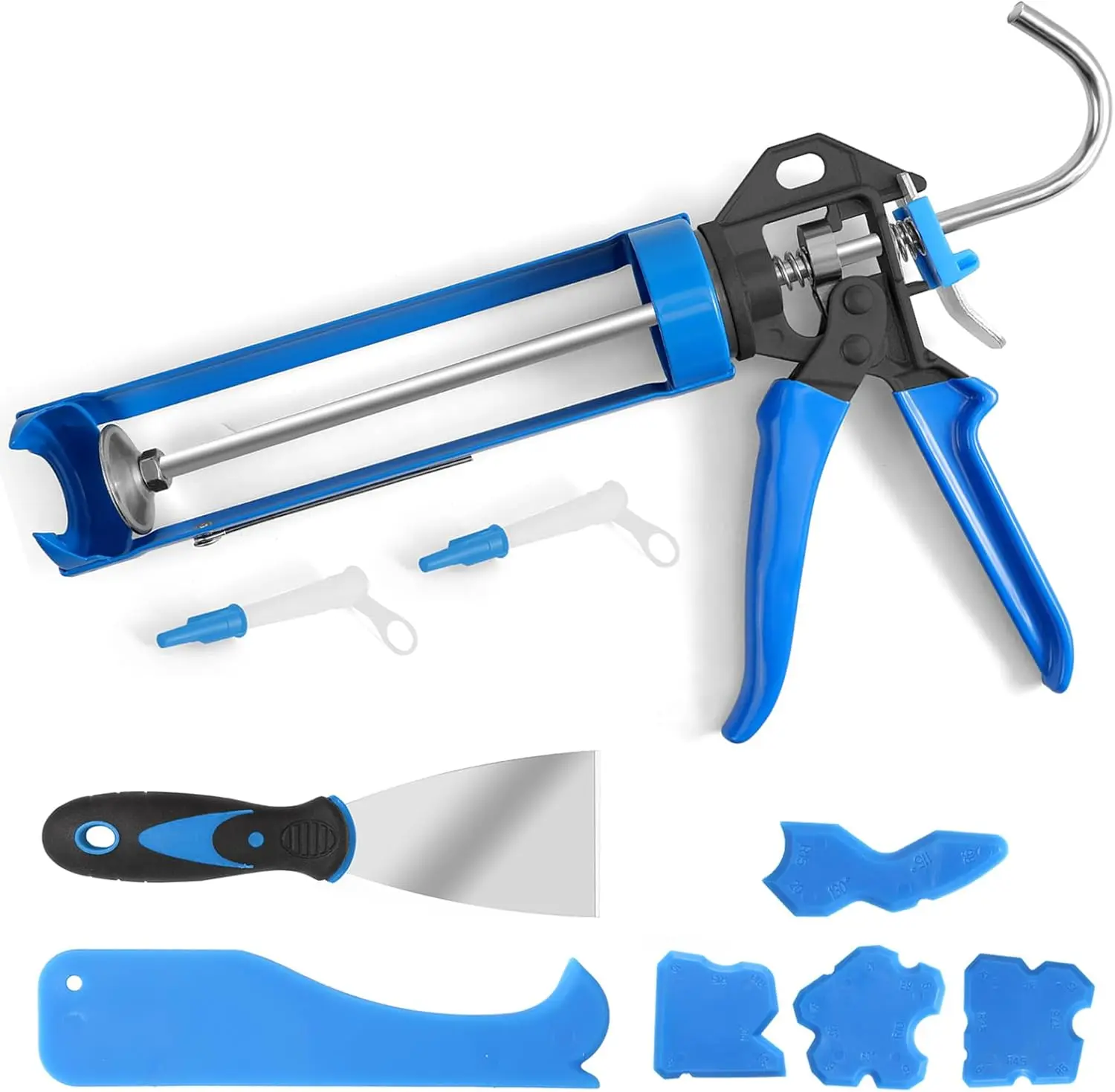 

14:1 Heavy Duty Caulking Gun, No-Drip Rotating Barrel, 10OZ Sealant Gun with Putty Knife & Finishing Tool Kit, Smoothing & Grout Removal Tools