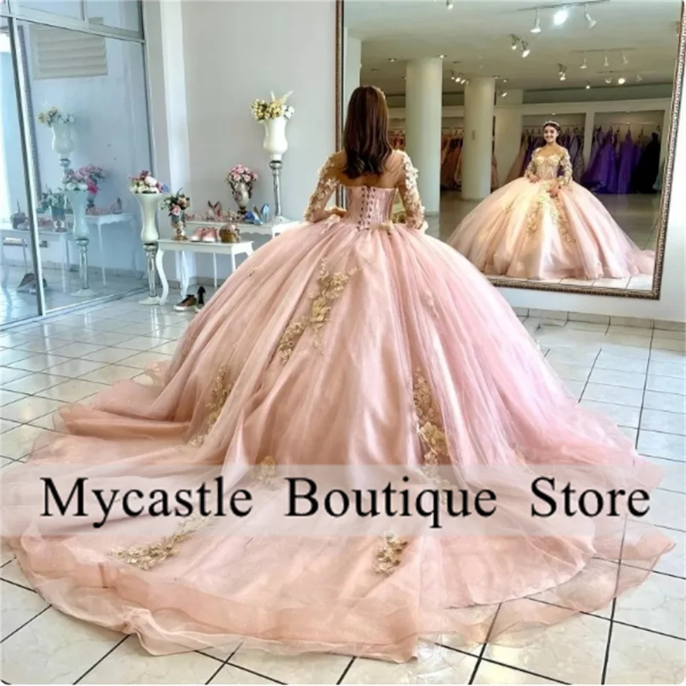 

Pink Tulle Long Sleeve Quinceanera Dresses Ball Gown 2025 Gold Lace Appliques Sweet 16 Dress Customized Vestidos De 15 Años