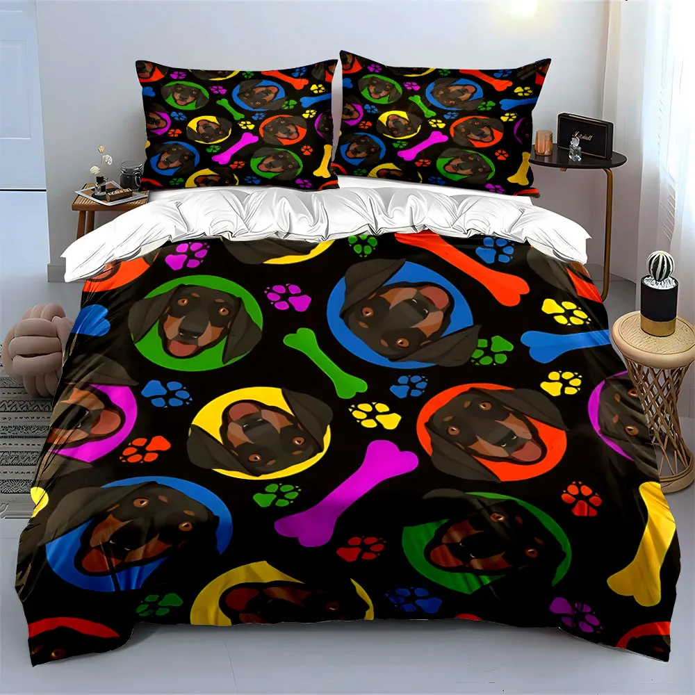 Colorful dog faces and pawprint Print Bedding Set 1 Duvet Cover 2 Pillowcases for Adult and Children Luxury Gift Full Size