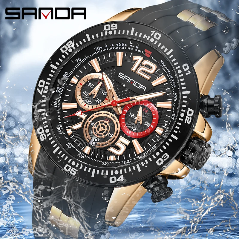 SANDA Red Watch for Men Fashion Luxury Chronograph Analog Quartz Wristwatch with Silicone Band Luminous Hands Date Waterproof