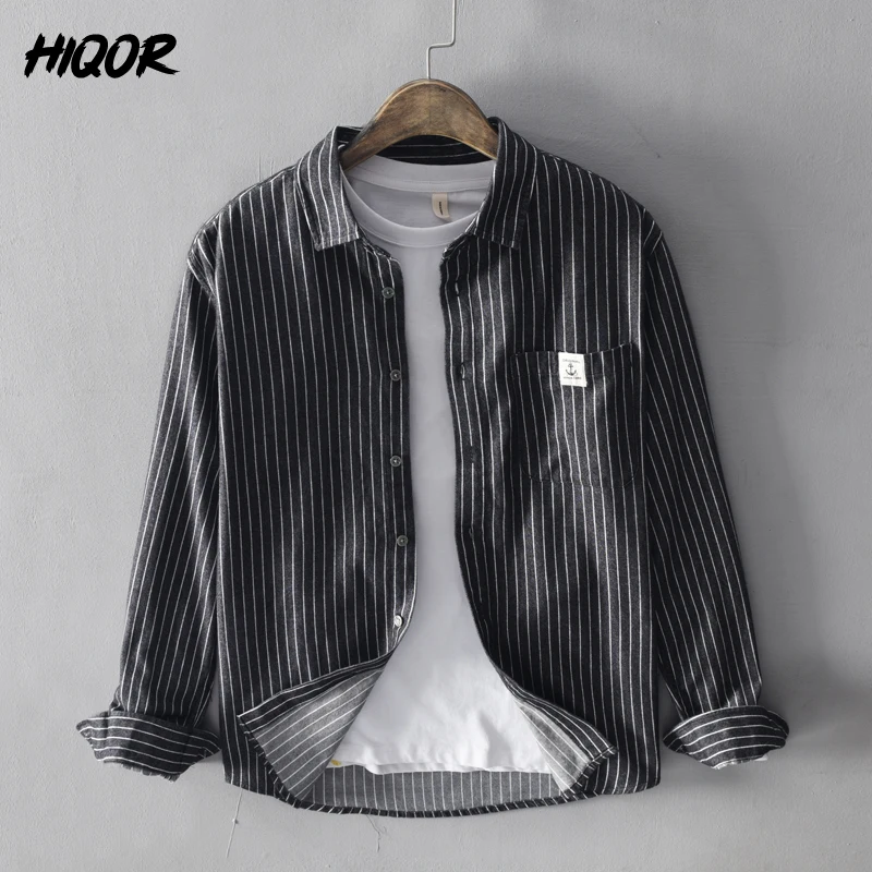 HIQOR 2024 New In 100% Cotton Long Sleeve Men\'s Shirt Loose Man Business Casual Shirts Classic Striped Male Social Dress Shirts