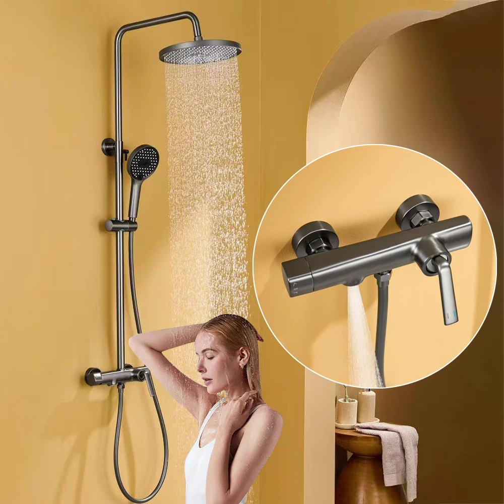 Sistem Shower Termostatik Modern Mewah untuk Keran Mixer Kamar Mandi, Set Shower Hujan Bak Mandi, Kolom Shower Mandi Sederhana Mixer kamar mandi, untuk komersial lengkap disikat emas set lengkap Garansi 10 tahun
